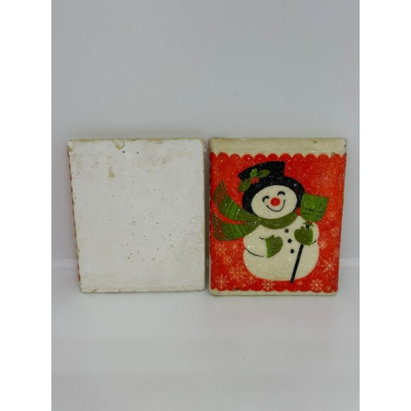 VTG Classic Snowman Coasters Set of 2 | Red & Green Christmas Tile Decor Holiday - Picture 3 of 9